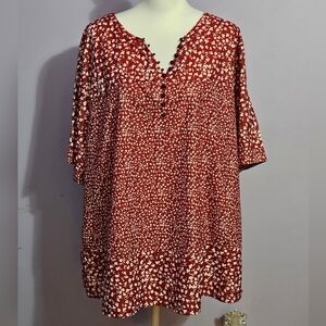 Unknown Brand 4X‎ Red Flowered Blouse with Decorative Buttons on Front